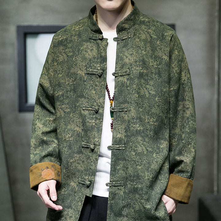 Buddha Stones Leaves Flower Frog-button Tang Suit Cotton Men's Jacket Shirt  - ForestGreen - US/UK/AU46，EU56 (5XL) - image 0