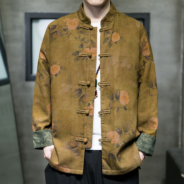 Buddha Stones Leaves Flower Frog-button Tang Suit Cotton Men's Jacket Shirt  - Goldenrod - US/UK/AU46，EU56 (5XL) - image 9