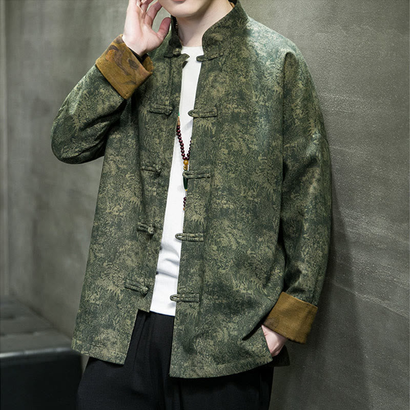 Buddha Stones Leaves Flower Frog-button Tang Suit Cotton Men's Jacket Shirt