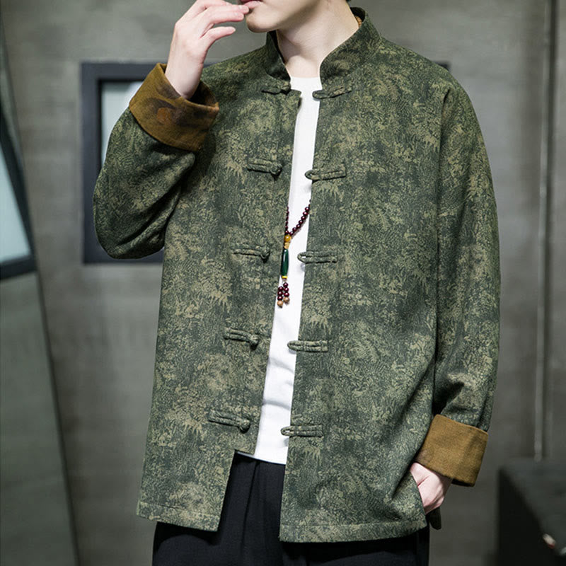 Buddha Stones Leaves Flower Frog-button Tang Suit Cotton Men's Jacket Shirt