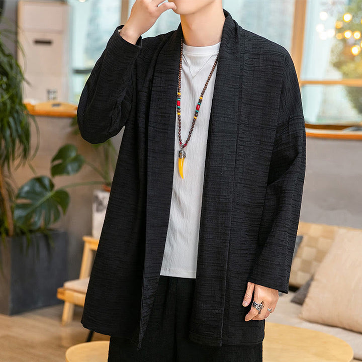 Buddha Stones Fall Simple Loose Plain Linen Blend Men's Mid-length Coat Clothing - Black - US/UK/AU42，EU52 (3XL) - image 5