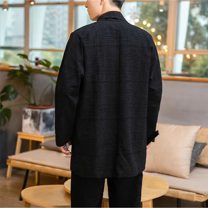 Buddha Stones Fall Simple Loose Plain Linen Blend Men's Mid-length Coat Clothing