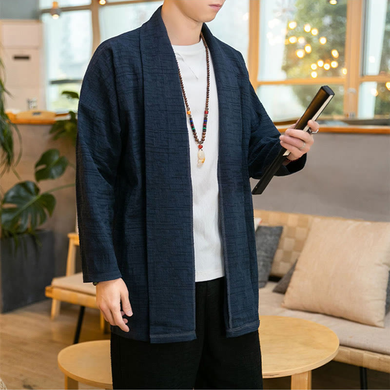 Buddha Stones Fall Simple Loose Plain Linen Blend Men's Mid-length Coat Clothing