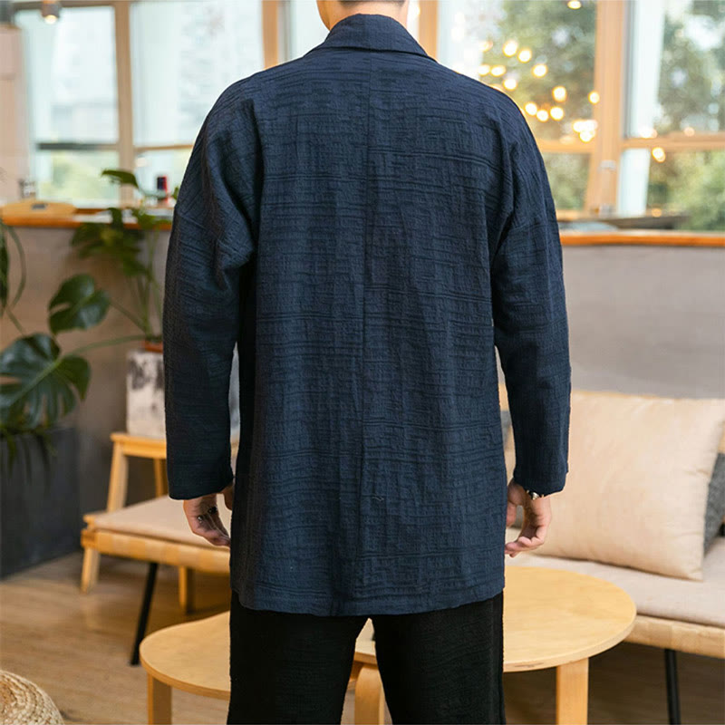 Buddha Stones Fall Simple Loose Plain Linen Blend Men's Mid-length Coat Clothing - image 20