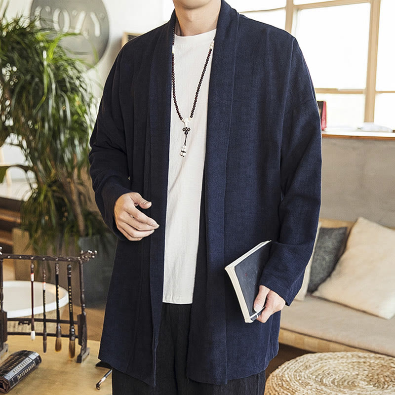 Buddha Stones Fall Simple Casual Cotton Linen Men's Mid-length Coat Clothing