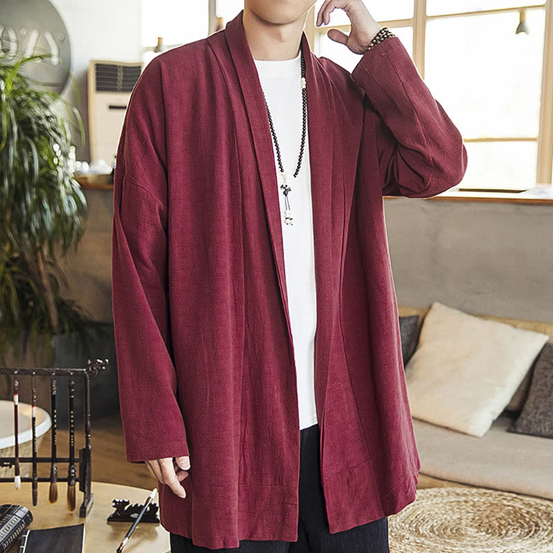 Buddha Stones Fall Simple Casual Cotton Linen Men's Mid-length Coat Clothing