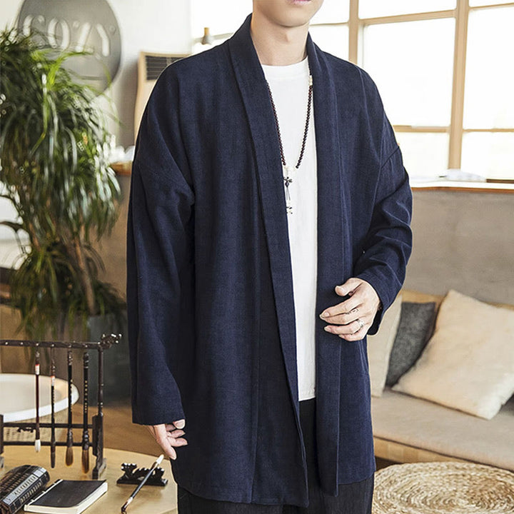 Buddha Stones Fall Simple Casual Cotton Linen Men's Mid-length Coat Clothing