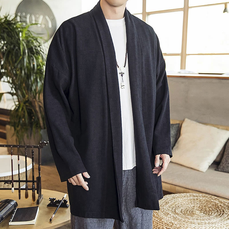 Buddha Stones Fall Simple Casual Cotton Linen Men's Mid-length Coat Clothing - image 14
