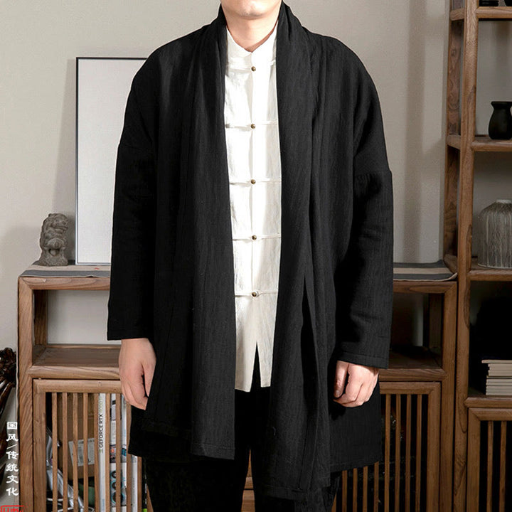 Buddha Stones Fall Simple Jacquard Zen Plush Cotton Lined Men's Mid-length Coat Clothing - Black - US/UK/AU44，EU54 (4XL) - image 5