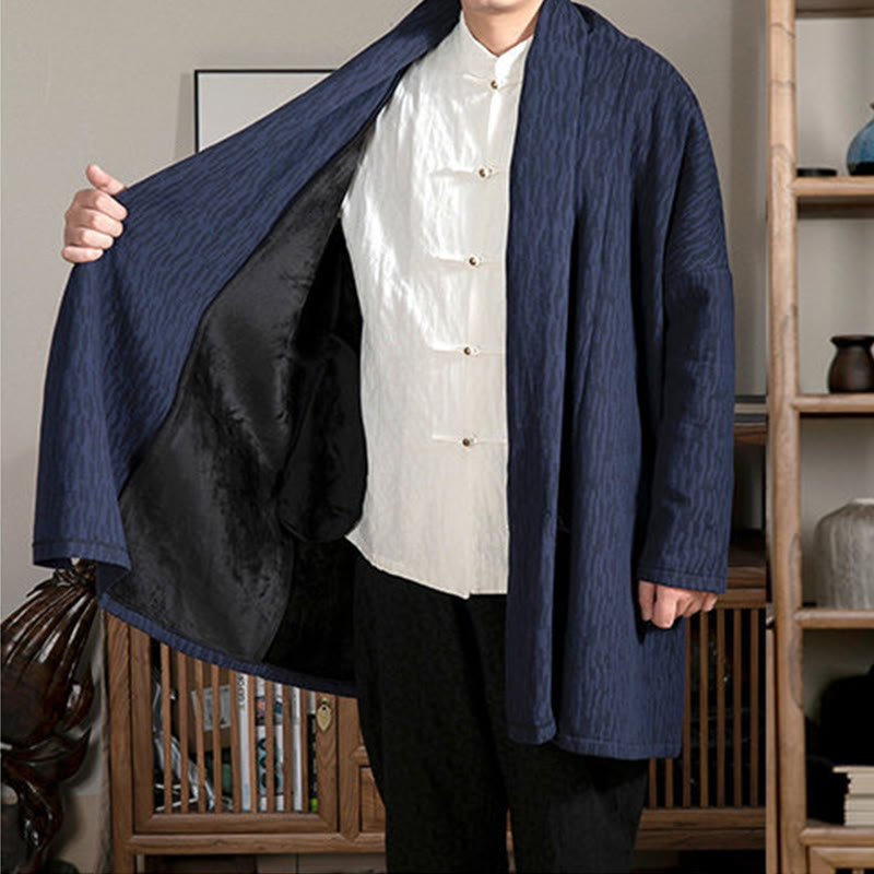 Buddha Stones Fall Simple Jacquard Zen Plush Cotton Lined Men's Mid-length Coat Clothing - image 1