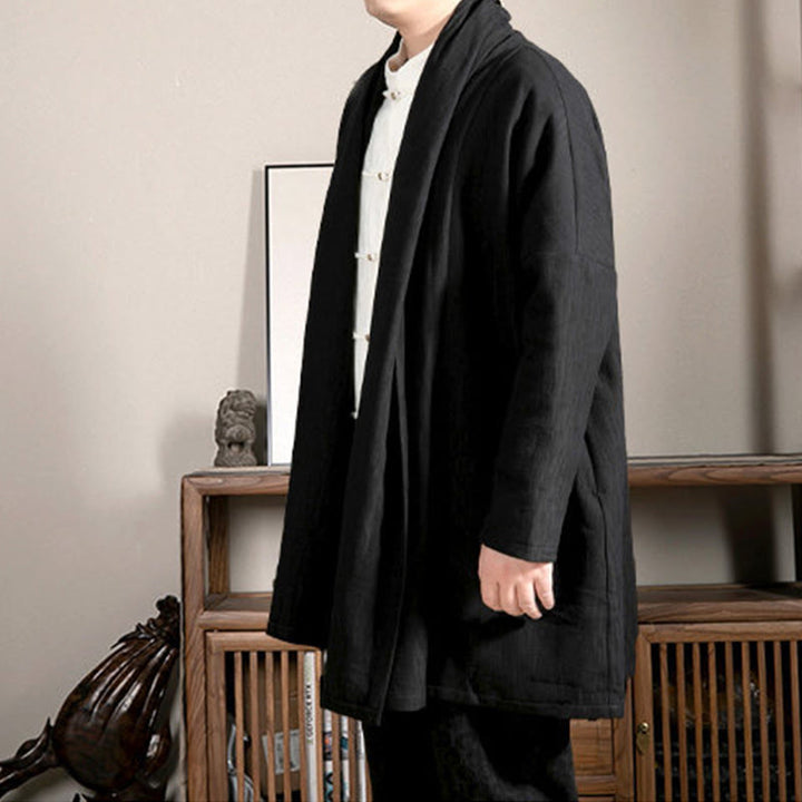 Buddha Stones Fall Simple Jacquard Zen Plush Cotton Lined Men's Mid-length Coat Clothing - image 6