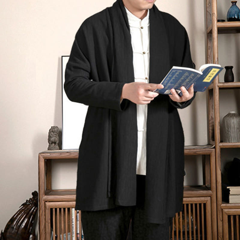 Buddha Stones Fall Simple Jacquard Zen Plush Cotton Lined Men's Mid-length Coat Clothing - image 9