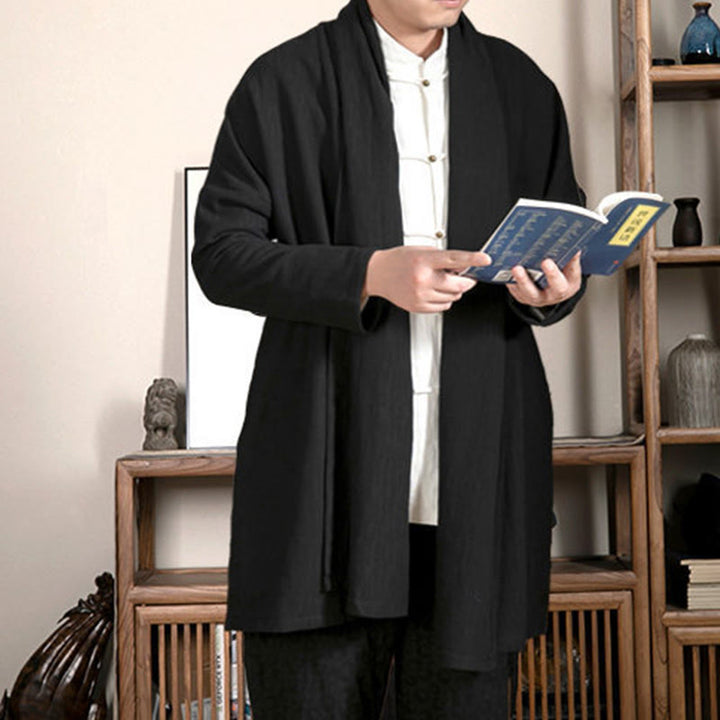 Buddha Stones Fall Simple Jacquard Zen Plush Cotton Lined Men's Mid-length Coat Clothing - image 9