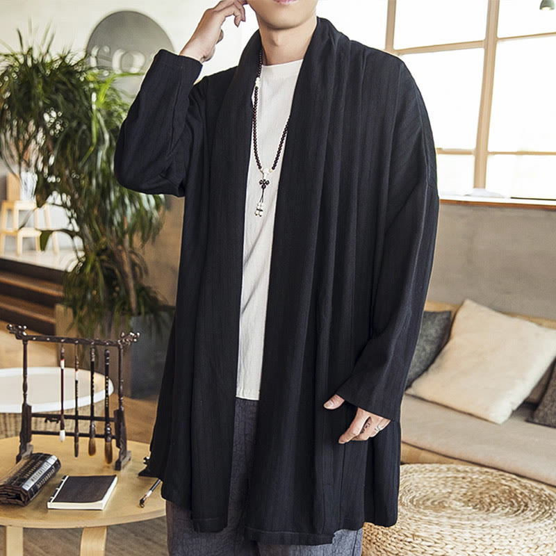 Buddha Stones Fall Simple Casual Loose Plain Linen Blend Men's Mid-length Coat Clothing - Black - US/UK/AU42，EU52 (3XL) - image 10