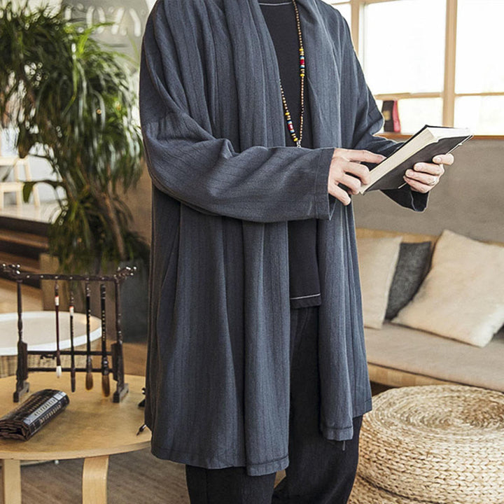 Buddha Stones Fall Simple Casual Loose Plain Linen Blend Men's Mid-length Coat Clothing - image 3