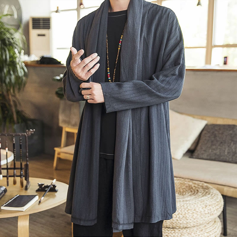 Buddha Stones Fall Simple Casual Loose Plain Linen Blend Men's Mid-length Coat Clothing - image 2