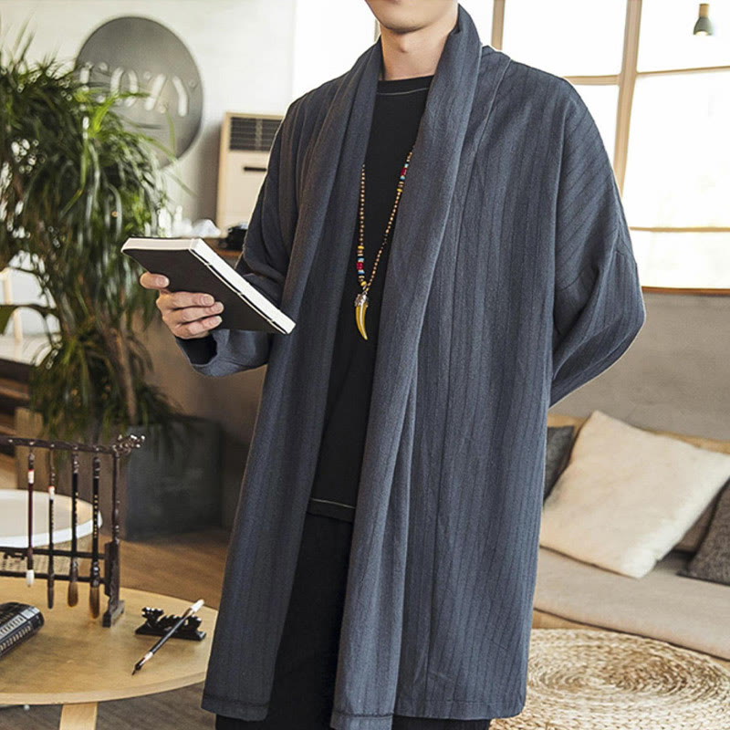 Buddha Stones Fall Simple Casual Loose Plain Linen Blend Men's Mid-length Coat Clothing