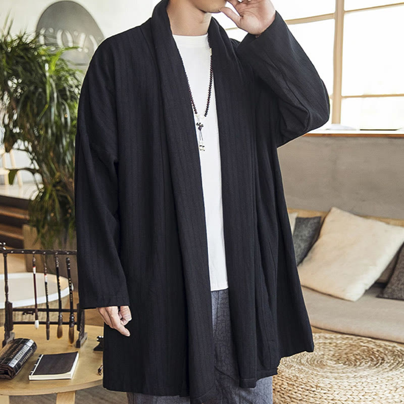 Buddha Stones Fall Simple Casual Loose Plain Linen Blend Men's Mid-length Coat Clothing - image 11