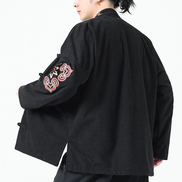 Buddha Stones Men's Frog-button Tang Suit Symmetrical Embroidery Cotton Corduroy Jacket Shirt With Pockets - image 4