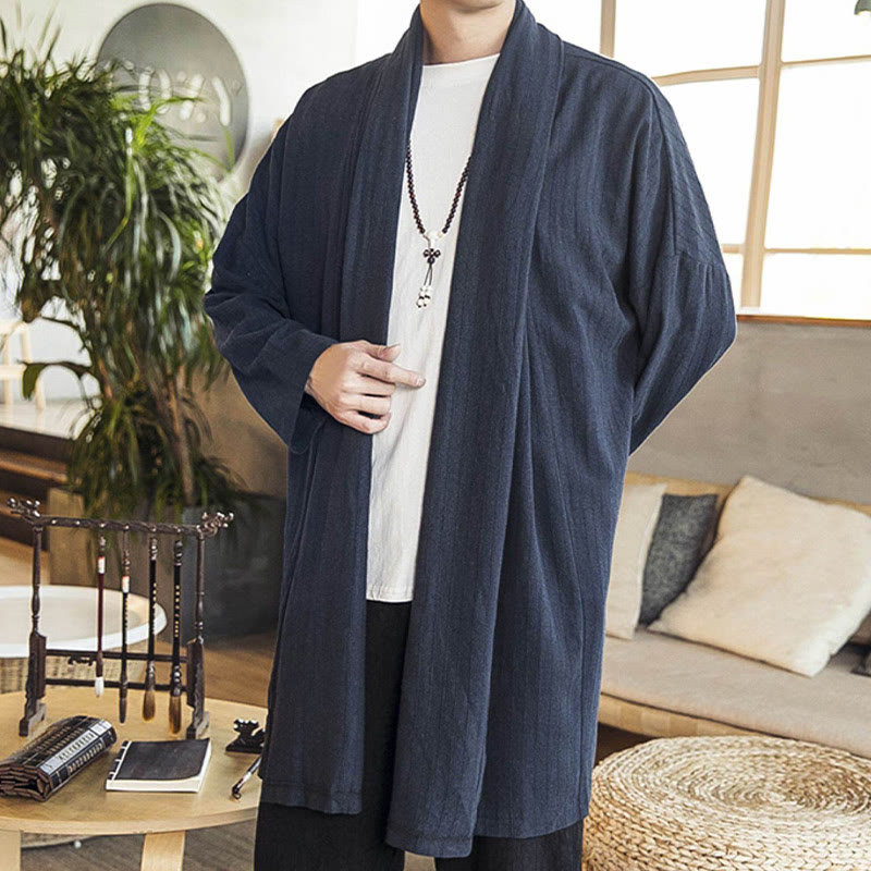 Buddha Stones Fall Simple Casual Loose Plain Linen Blend Men's Mid-length Coat Clothing - image 20