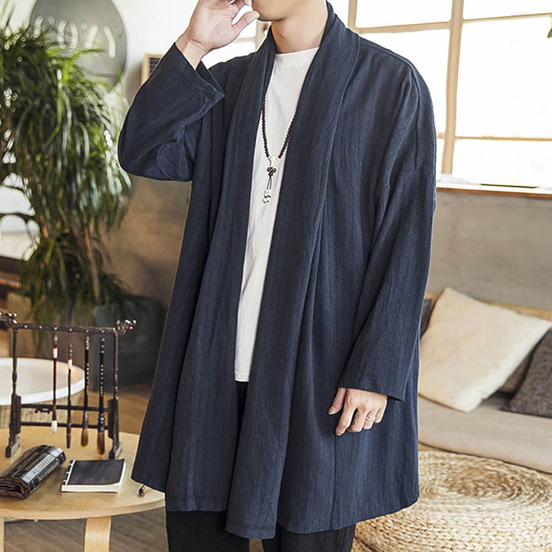 Buddha Stones Fall Simple Casual Loose Plain Linen Blend Men's Mid-length Coat Clothing