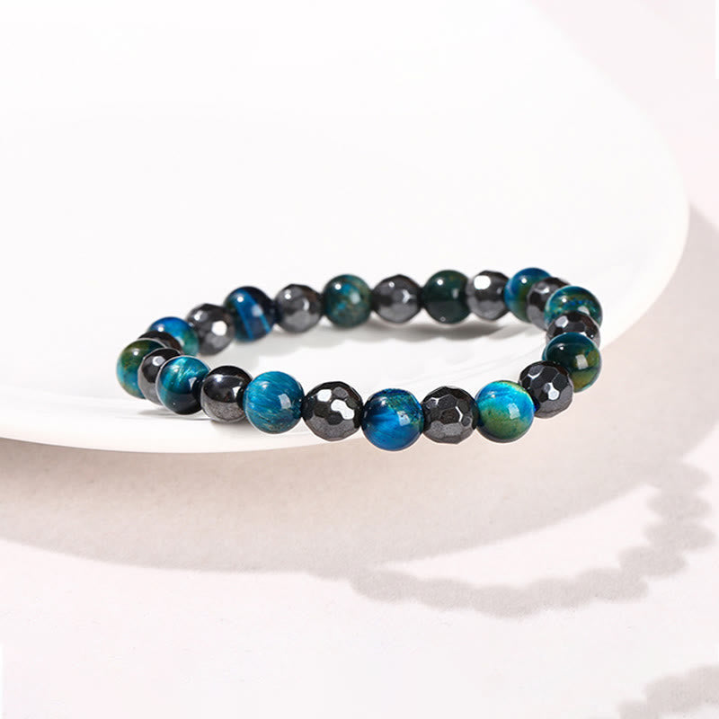 Buddha Stones 2Pcs Hematite Tiger Eye Blue Tiger Eye Powerful Bracelet Set