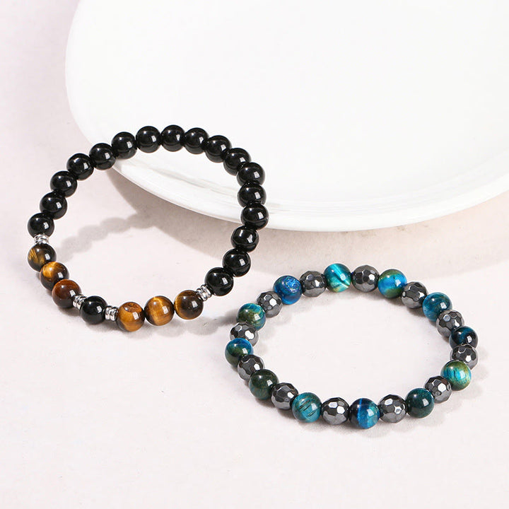 Buddha Stones 2Pcs Hematite Tiger Eye Blue Tiger Eye Powerful Bracelet Set