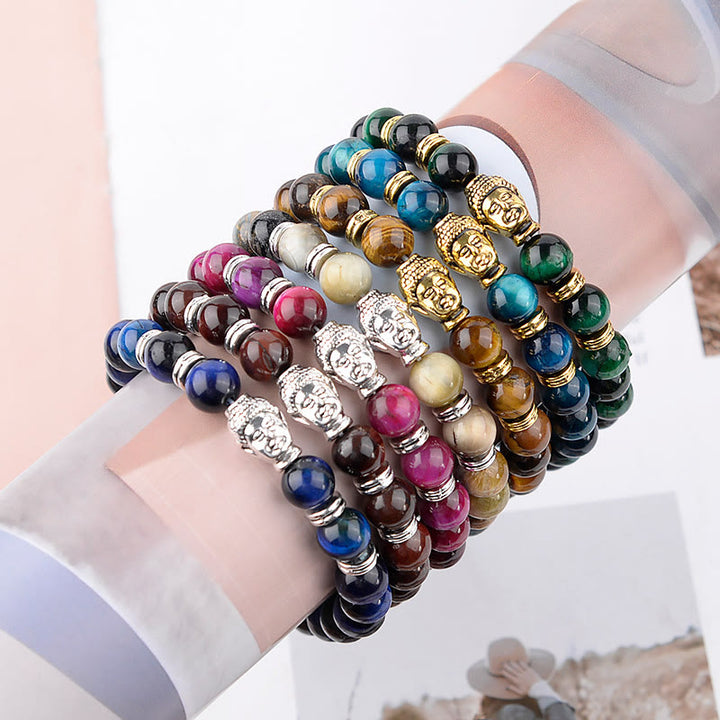 Buddha Stones Blue Green Red Tiger Eye Buddha Head Balance Bracelet