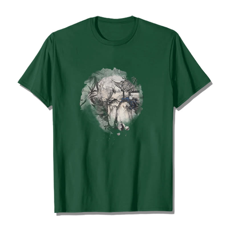 Buddha Stones Chinese Bamboo Mountain Pavilion Design Pattern Tee T-shirt - Forest Green - 2XL - image 11