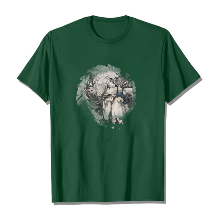 Buddha Stones Chinese Bamboo Mountain Pavilion Design Pattern Tee T-shirt - Forest Green - 2XL - image 11