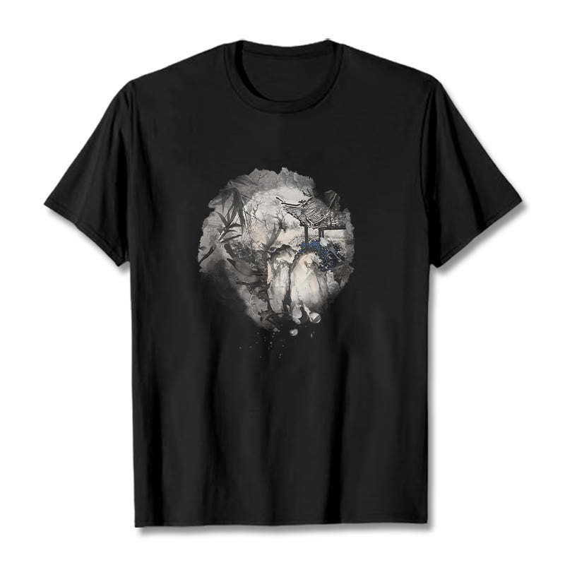 Buddha Stones Chinese Bamboo Mountain Pavilion Design Pattern Tee T-shirt - Black - 2XL - image 1