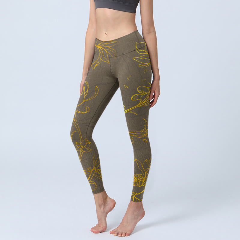 Buddha Stones Yellowish Brown Lotus Flower Lotus Leaf Print Gym Leggings Women's Yoga Pants - DarkGoldenrod - US18，UK/AU22，EU50 (4XL) - image 0