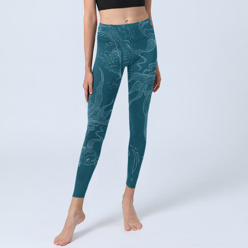 Buddha Stones Blue Koi Fish Flowing Waves Print Gym Leggings Women's Yoga Pants - image 5