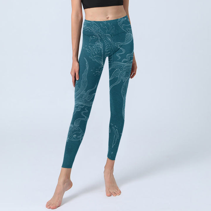 Buddha Stones Blue Koi Fish Flowing Waves Print Gym Leggings Women's Yoga Pants - image 5