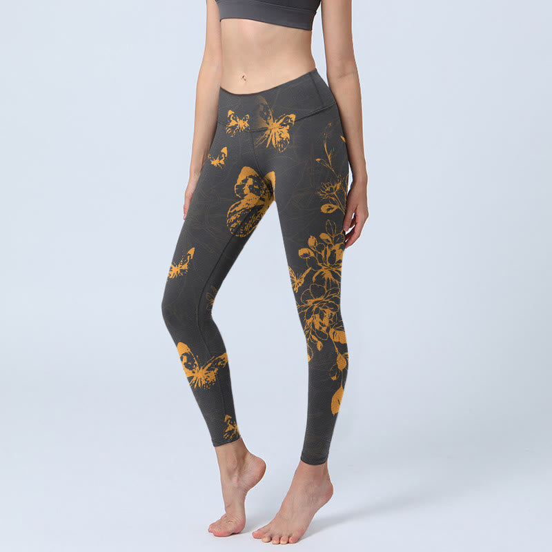 Buddha Stones Dark Grey Butterflies Peony Flowers Print Gym Leggings Women's Yoga Pants