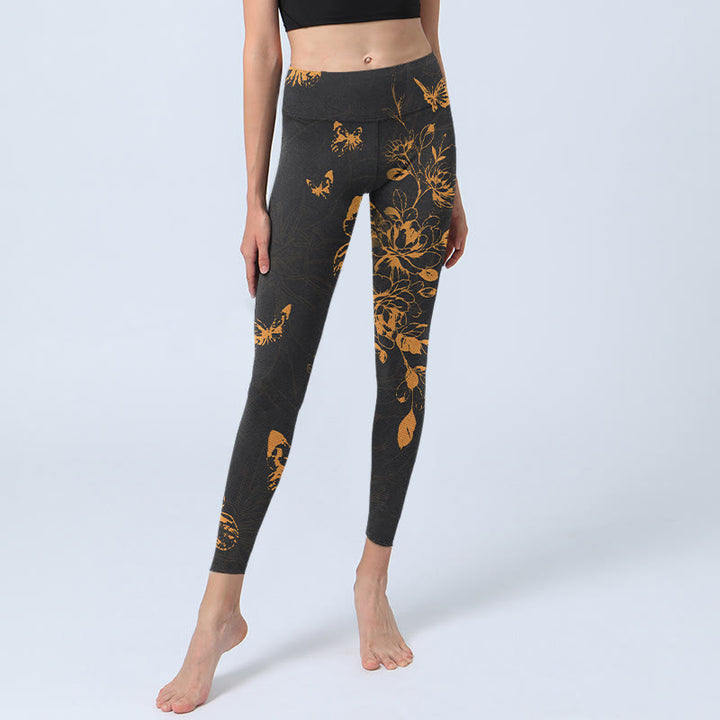 Buddha Stones Dark Grey Butterflies Peony Flowers Print Gym Leggings Women's Yoga Pants