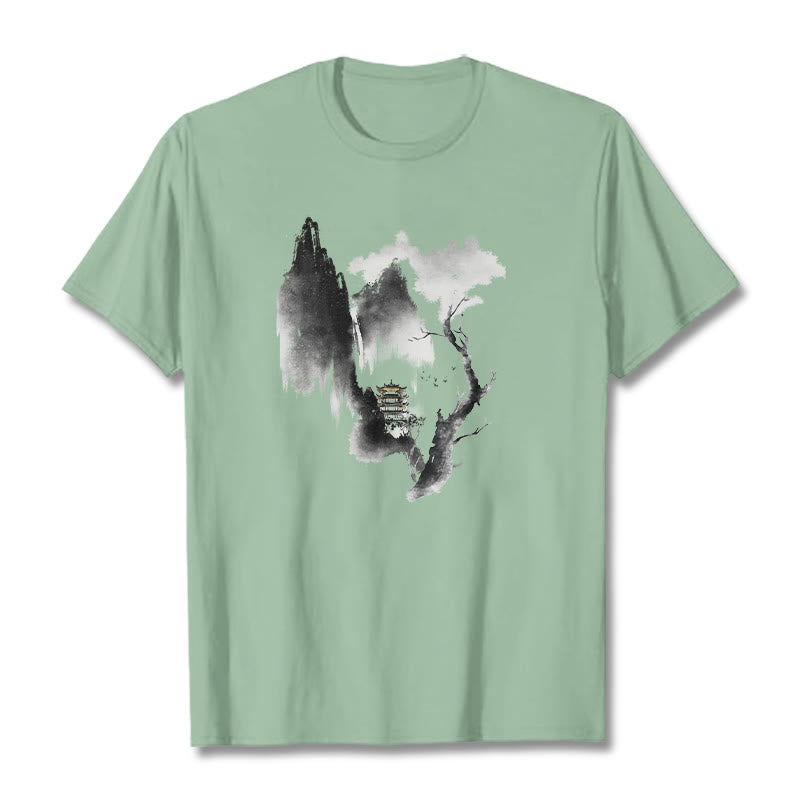 Buddha Stones Pavilion Tree Geese Around The Mountains Pattern Tee T-shirt - PaleGreen - 2XL - image 16
