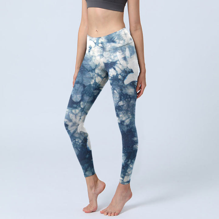Buddha Stones Blue Lily Flowers Watercolor Texture Print Gym Leggings Women's Yoga Pants - SteelBlue - US18，UK/AU22，EU50 (4XL) - image 1