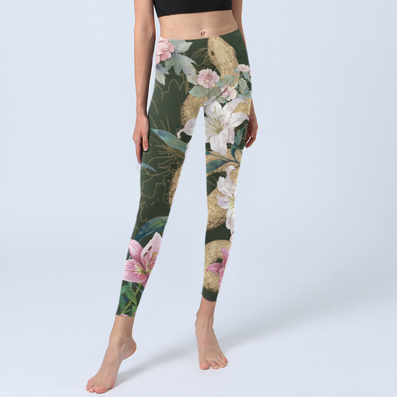 Buddha Stones Green Golden Snake Lily Peony Flowers Print Gym Leggings Women's Yoga Pants - image 6