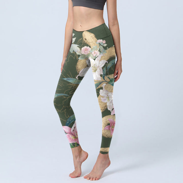Buddha Stones Green Golden Snake Lily Peony Flowers Print Gym Leggings Women's Yoga Pants - DarkOliveGreen - US18，UK/AU22，EU50 (4XL) - image 1