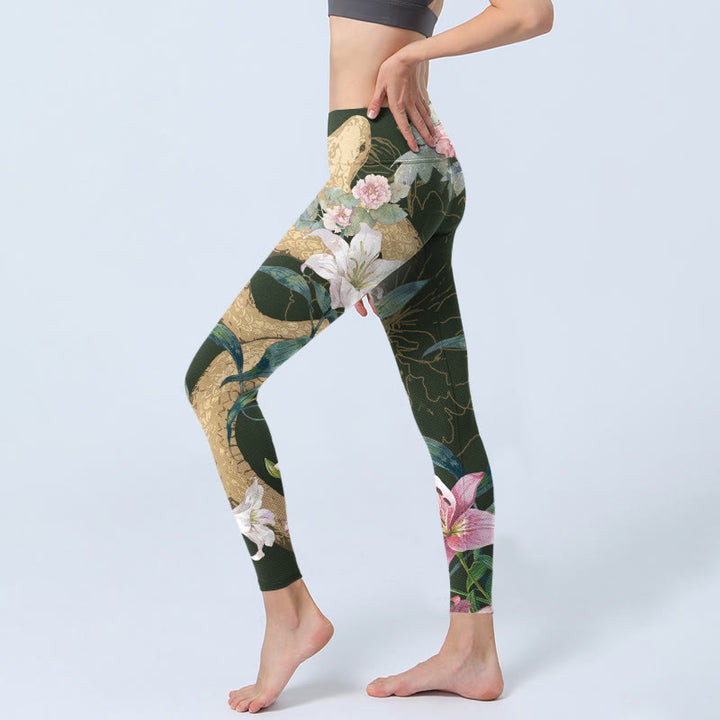 Buddha Stones Green Golden Snake Lily Peony Flowers Print Gym Leggings Women's Yoga Pants