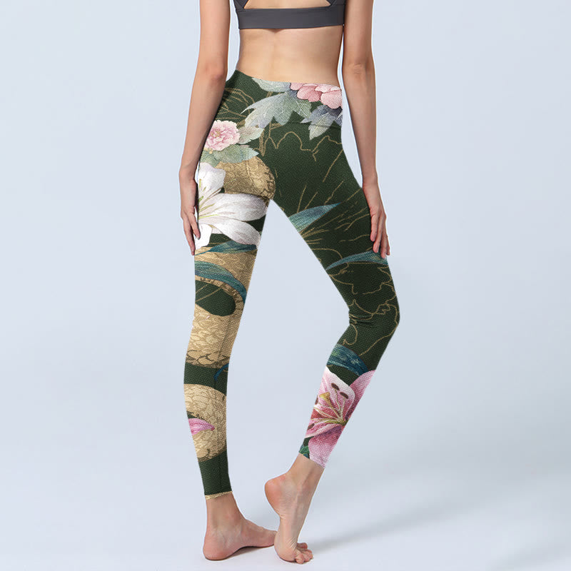 Buddha Stones Green Golden Snake Lily Peony Flowers Print Gym Leggings Women's Yoga Pants - image 5