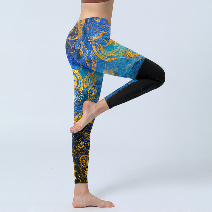 Buddha Stones Black Snake Butterfly Flower Leaves Print Gym Leggings Women's Yoga Pants - image 4