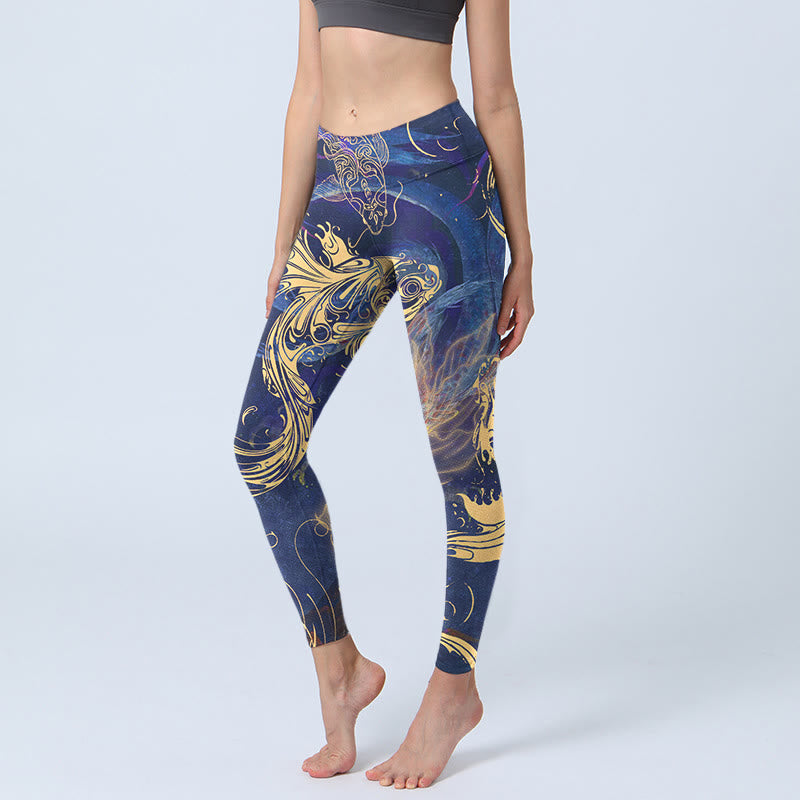 Buddha Stones Blue Koi Fish Auspicious Clouds Print Gym Leggings Women's Yoga Pants - MediumBlue - US18，UK/AU22，EU50 (4XL) - image 1