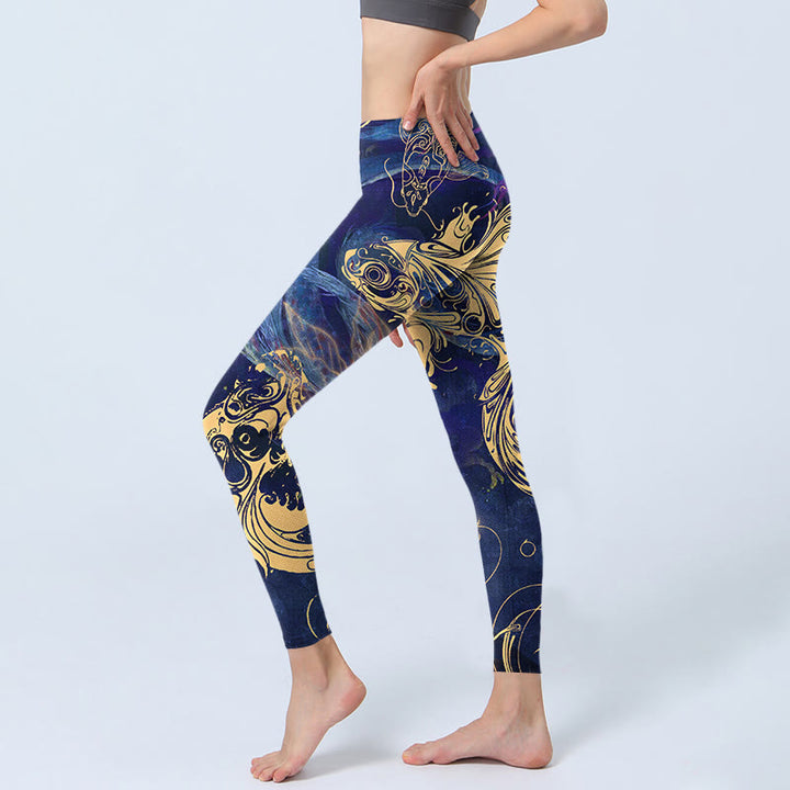 Buddha Stones Blue Koi Fish Auspicious Clouds Print Gym Leggings Women's Yoga Pants - image 3