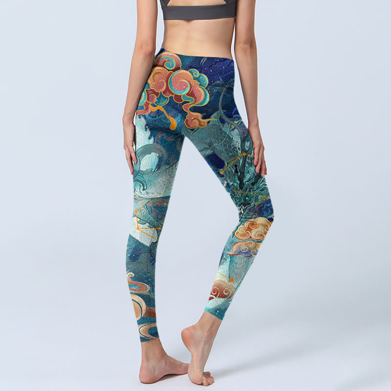 Buddha Stones Blue Dragon Auspicious Clouds Print Gym Leggings Women's Yoga Pants