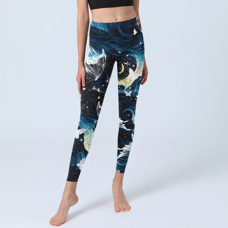 Buddha Stones Blue Butterfly Water Waves Moon Print Gym Leggings Women's Yoga Pants - image 5