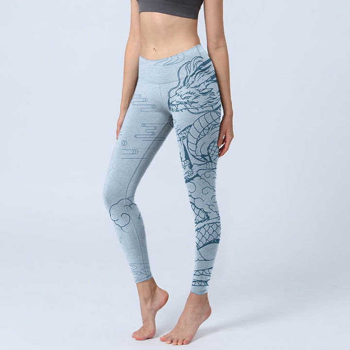Buddha Stones Blue Soaring Dragon Swirling Clouds Print Gym Leggings Women's Yoga Pants - LightSkyBlue - US18，UK/AU22，EU50 (4XL) - image 1