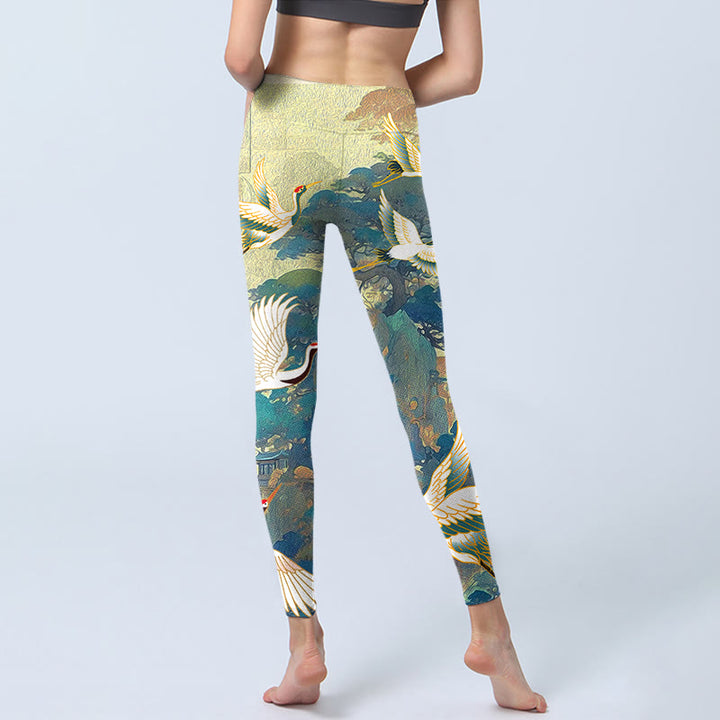 Buddha Stones Blue Red-crowned Crane Pine Tree Print Gym Leggings Women's Yoga Pants