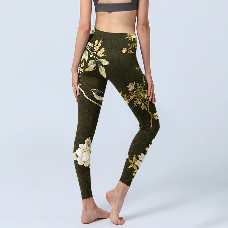 Buddha Stones Black Magnolia Flowers Print Gym Leggings Women's Yoga Pants - image 5